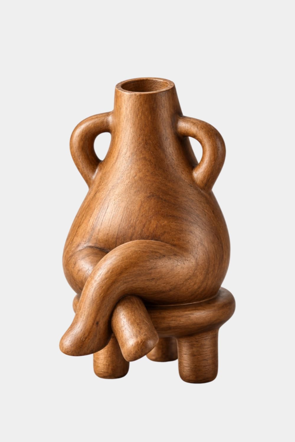 Anthropomorphic Wooden Vase Sculpture | Surreal Seated Figure Vessel Decor
