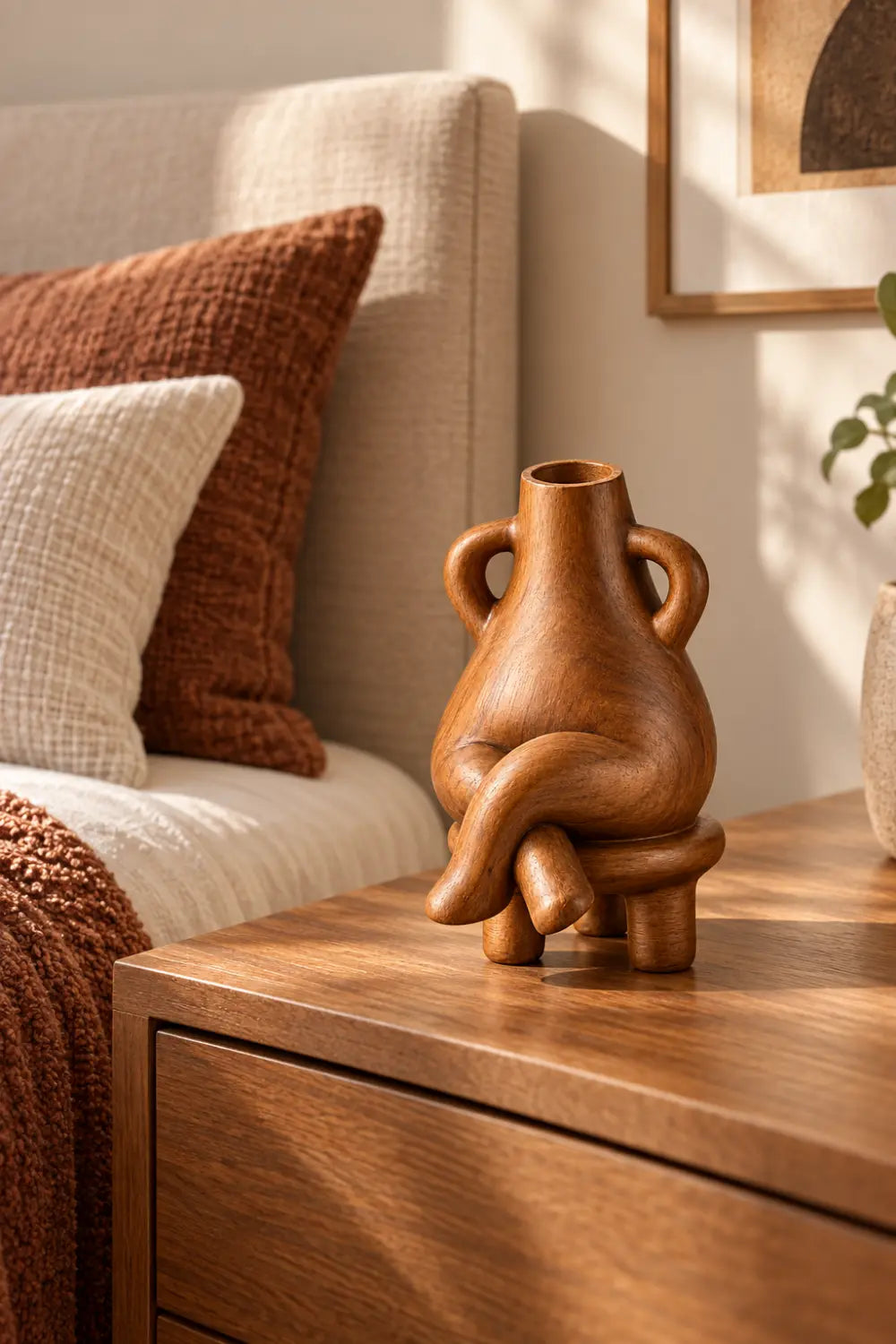 Anthropomorphic Wooden Vase Sculpture | Surreal Seated Figure Vessel Decor