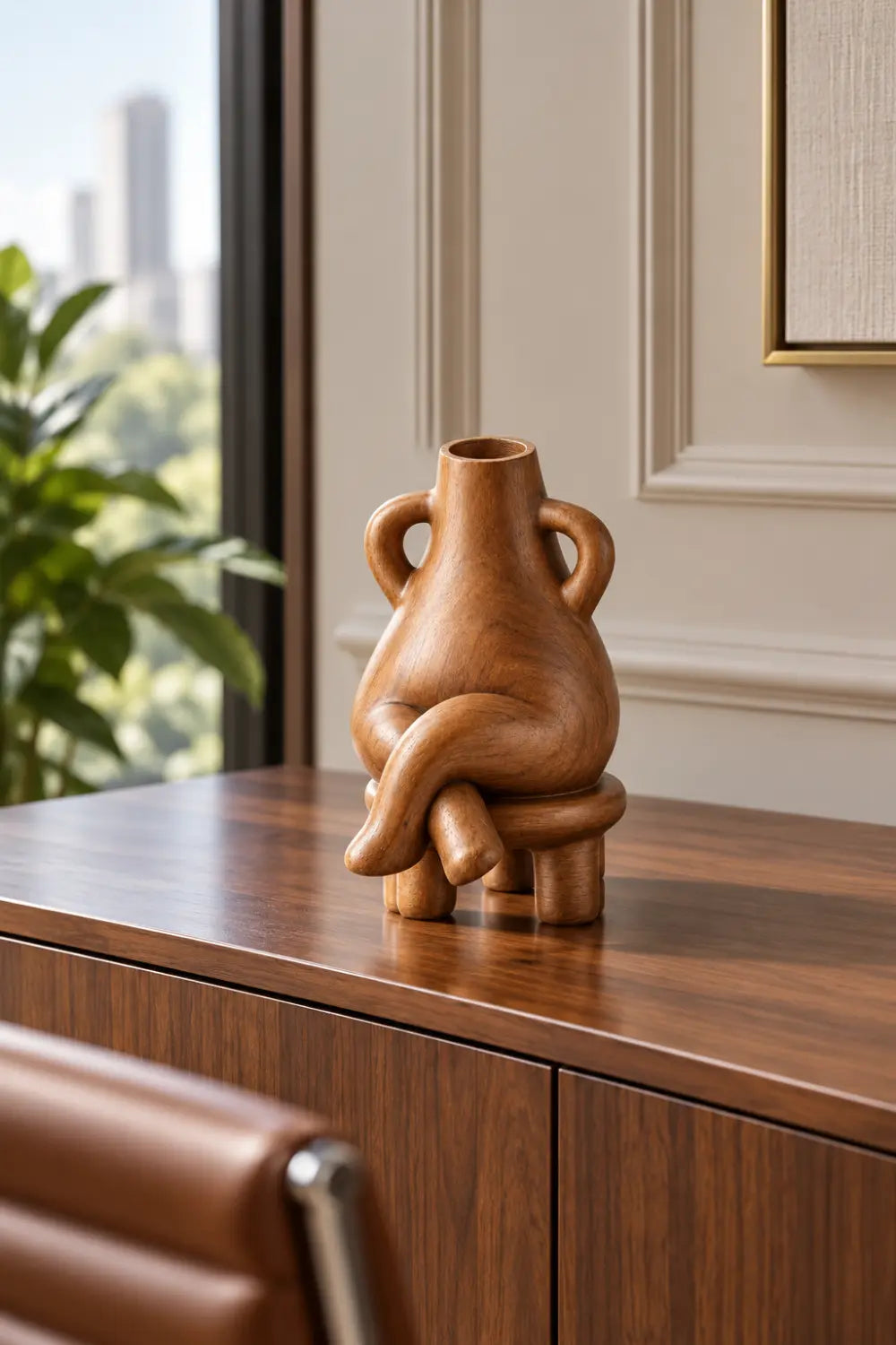 Anthropomorphic Wooden Vase Sculpture | Surreal Seated Figure Vessel Decor