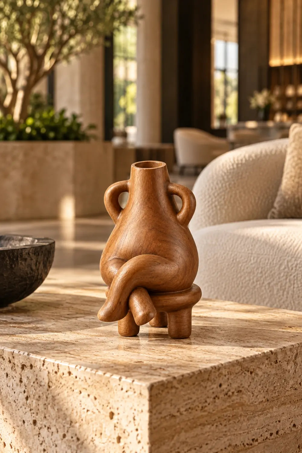Anthropomorphic Wooden Vase Sculpture | Surreal Seated Figure Vessel Decor