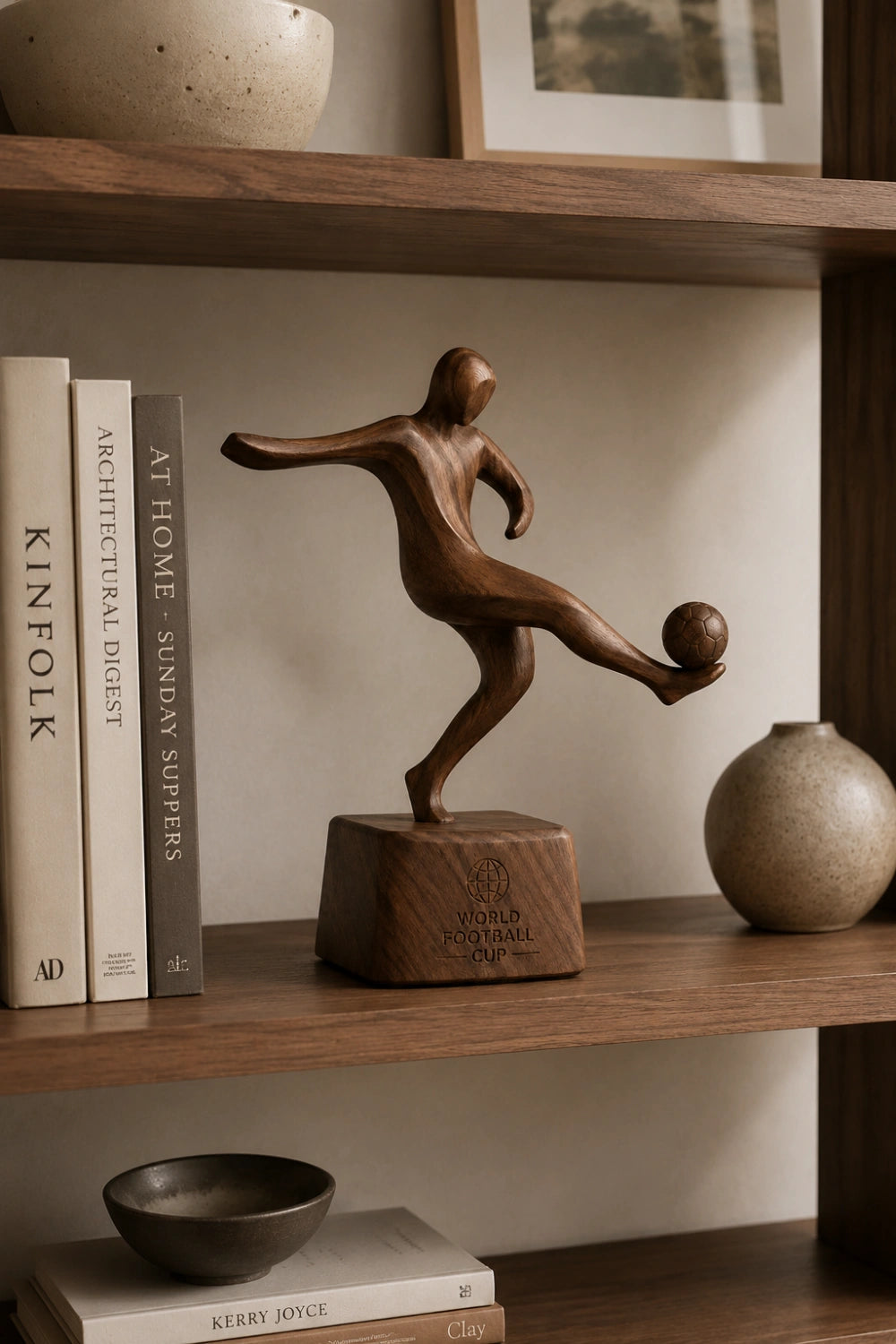 Dynamic Soccer Player Wood Sculpture | Modern Football Trophy Decor | Premium Sports Gift