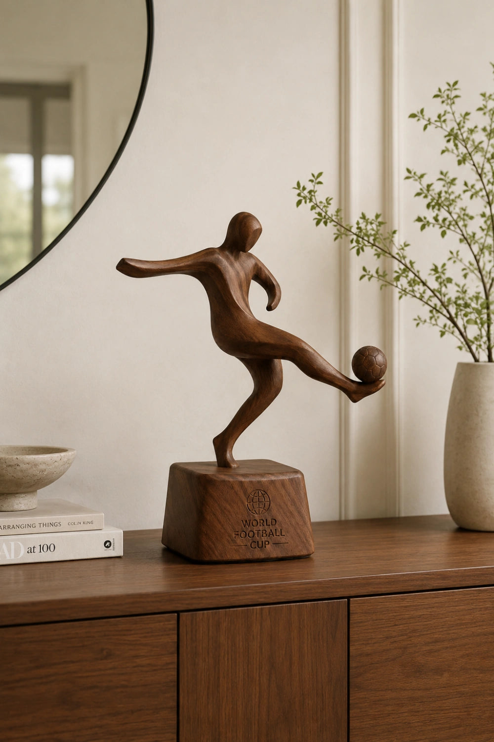 Dynamic Soccer Player Wood Sculpture | Modern Football Trophy Decor | Premium Sports Gift