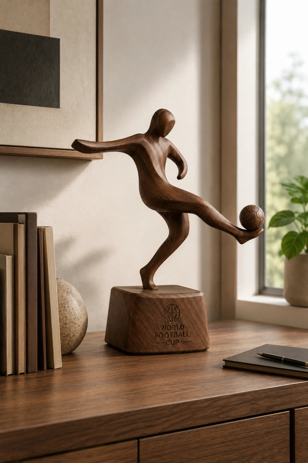 Dynamic Soccer Player Wood Sculpture | Modern Football Trophy Decor | Premium Sports Gift