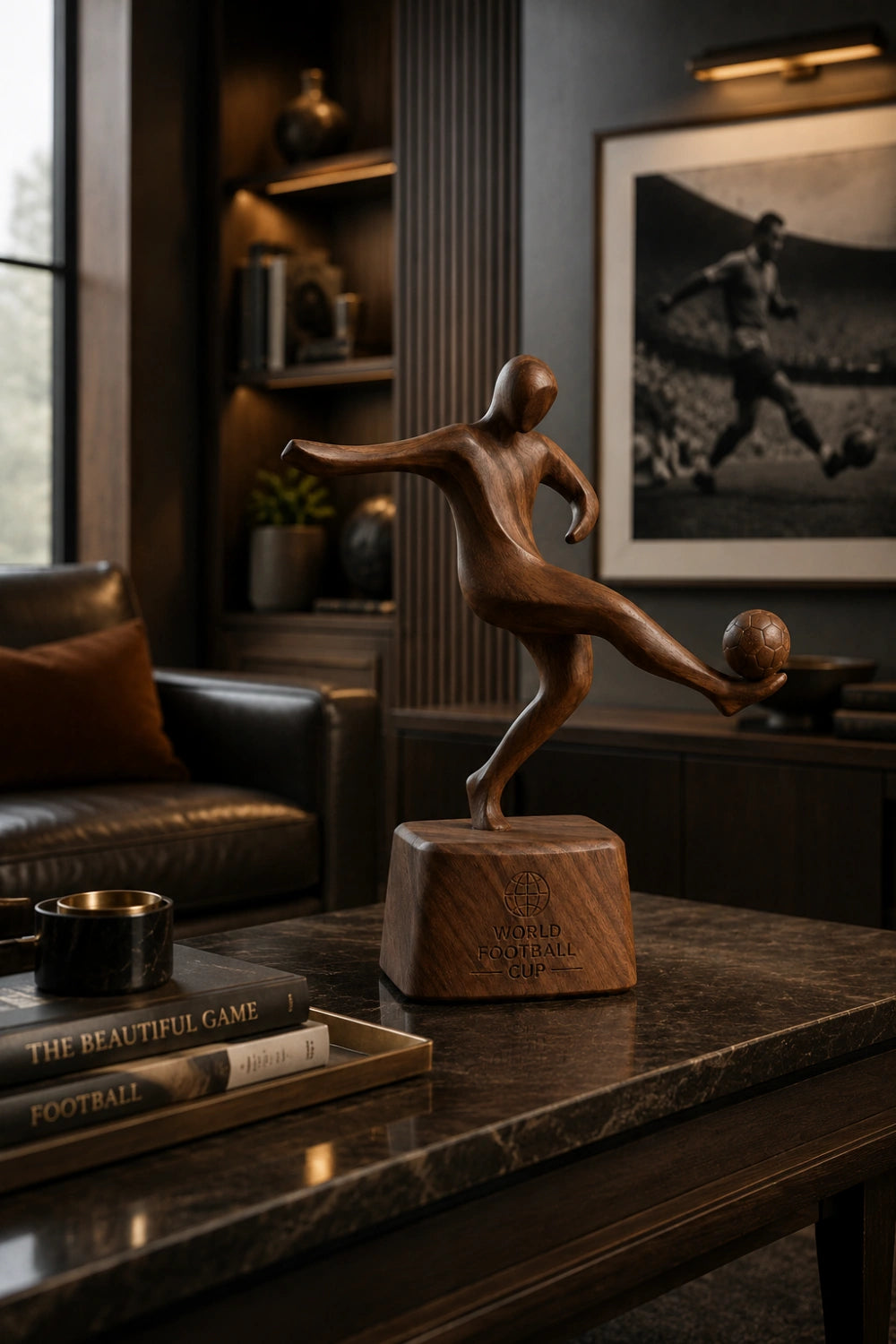 Dynamic Soccer Player Wood Sculpture | Modern Football Trophy Decor | Premium Sports Gift
