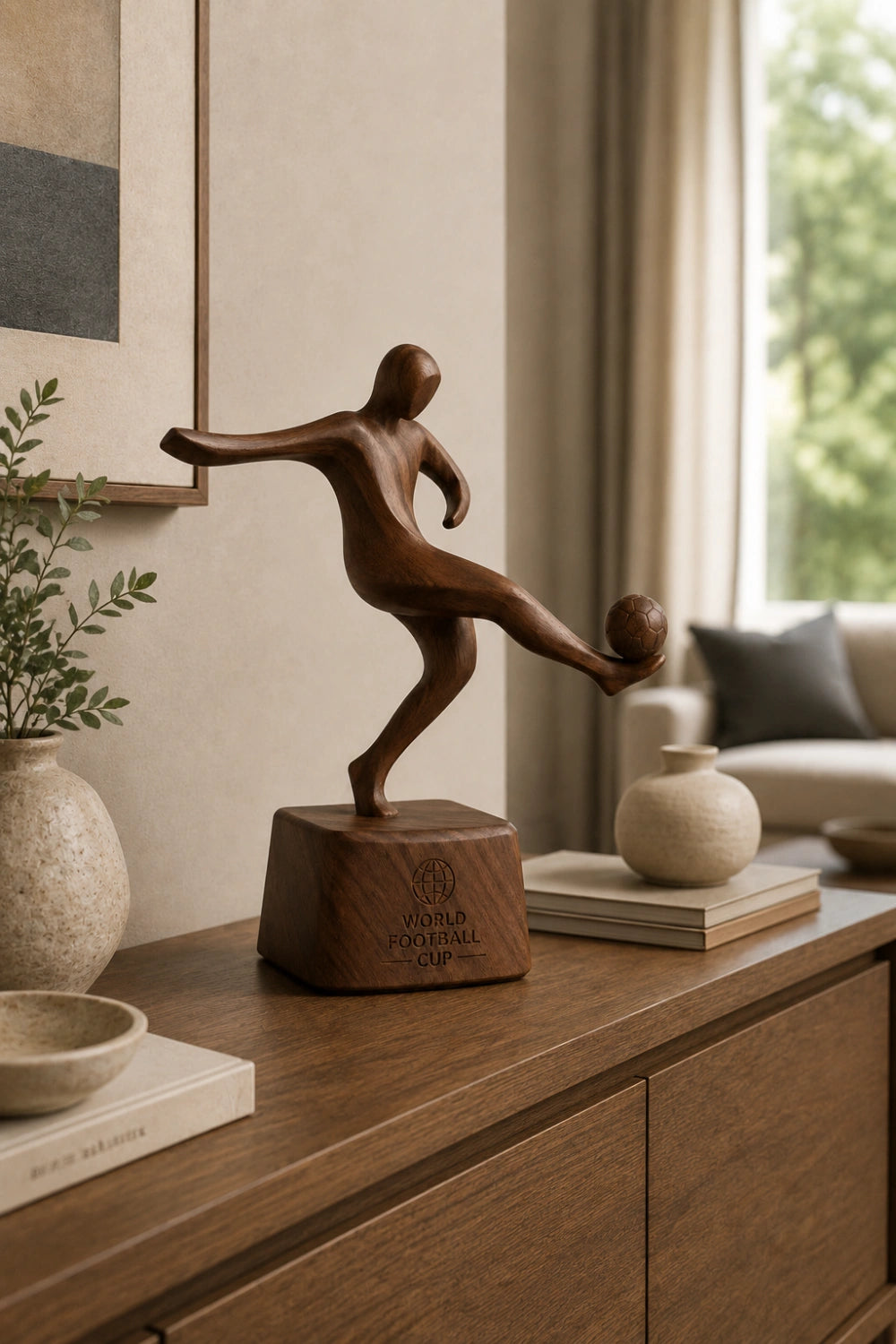 Dynamic Soccer Player Wood Sculpture | Modern Football Trophy Decor | Premium Sports Gift