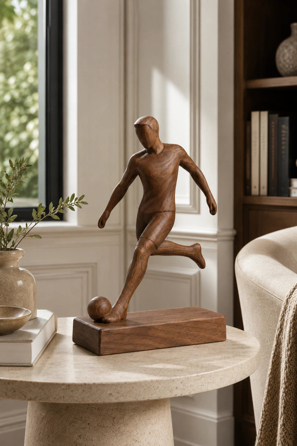 Artisanal Wood Soccer Figurine | World Cup Fan Memorabilia | Modern Sports Decor