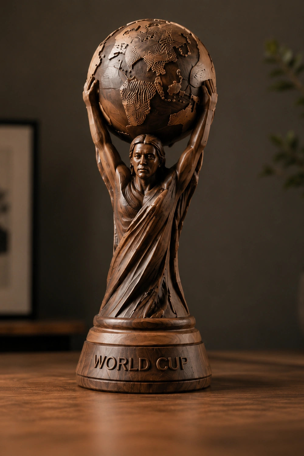 World Cup Globe Wood Sculpture | Aesthetic Football Trophy | Unique Sports Gift