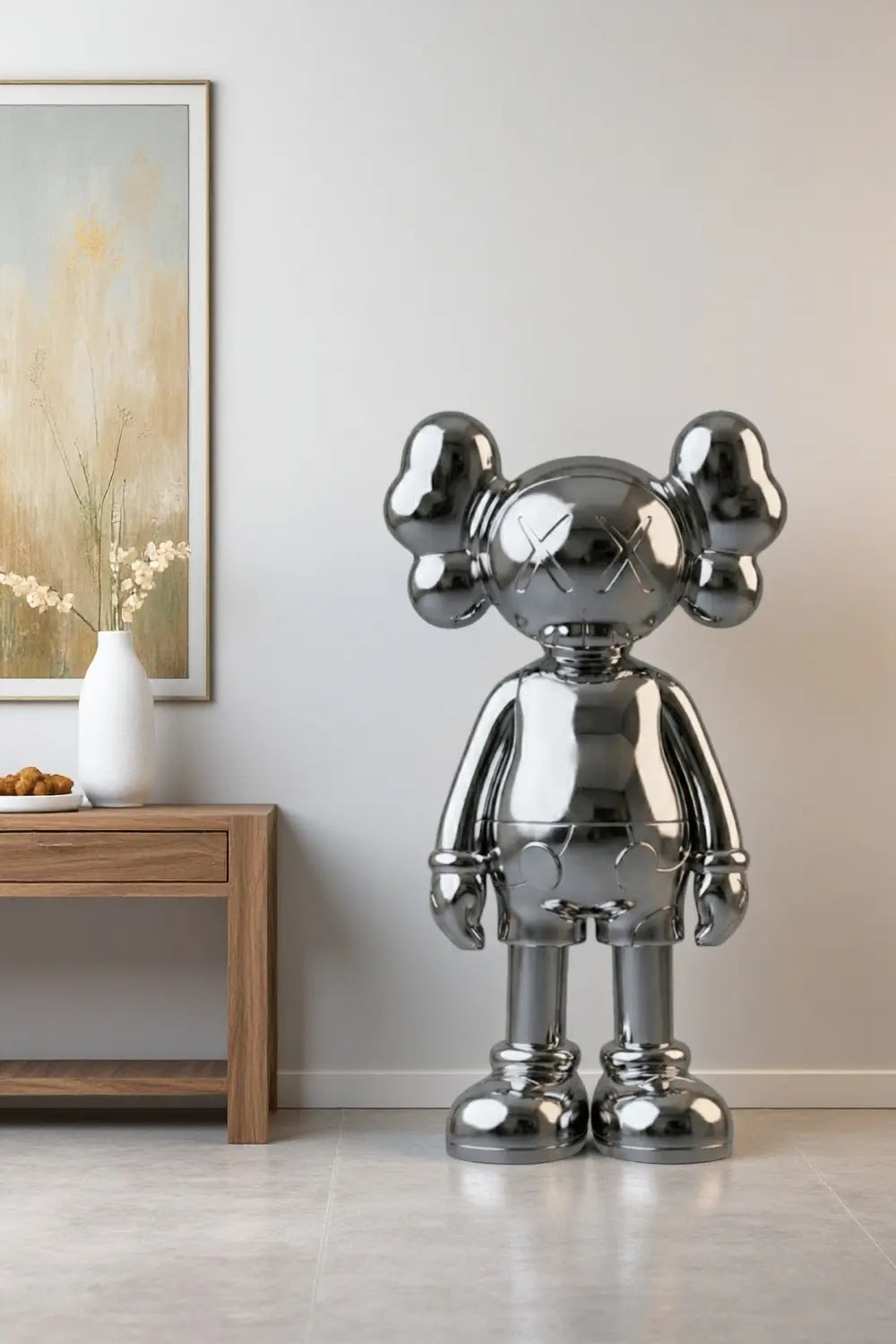Large Silver Kaws Style Statue Tall Modern Minimalist Sculpture Art Decor