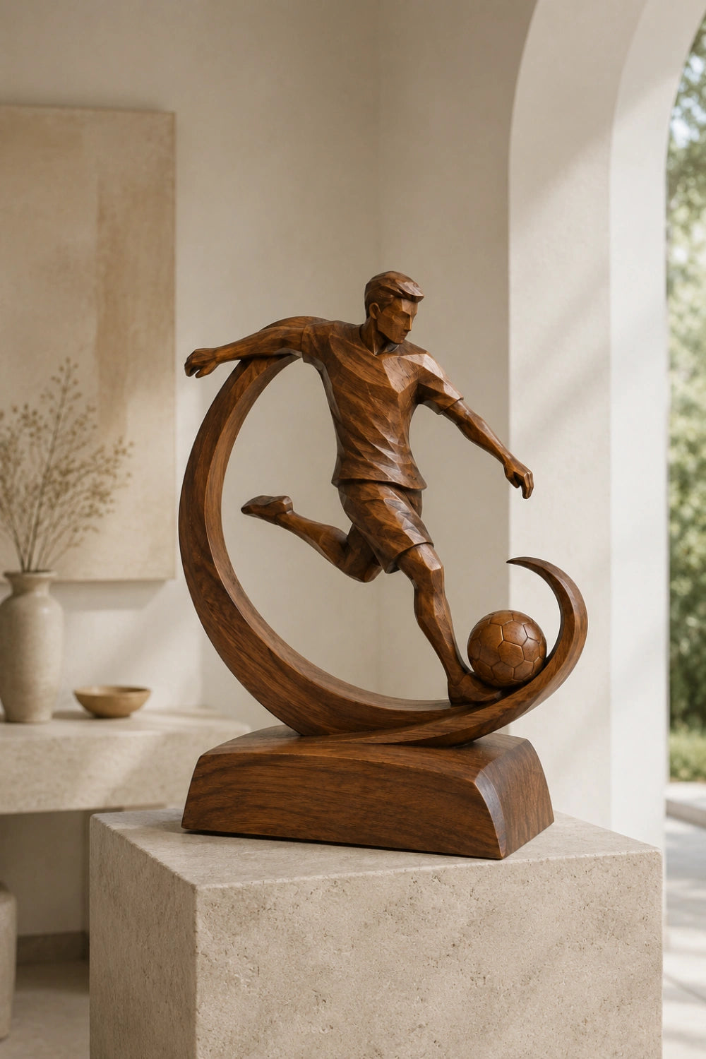 Modern Soccer Player Wood Carving | Artisan World Cup Sports Decor