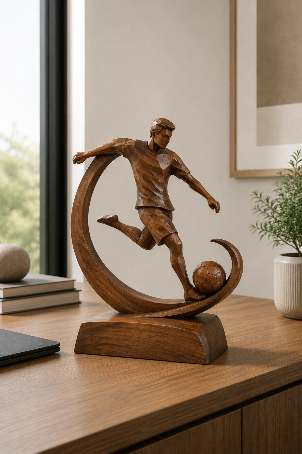 Modern Soccer Player Wood Carving | Artisan World Cup Sports Decor