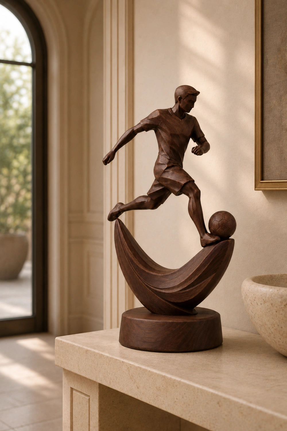 Geometric Wood Soccer Player Sculpture | Unique World Cup Souvenir