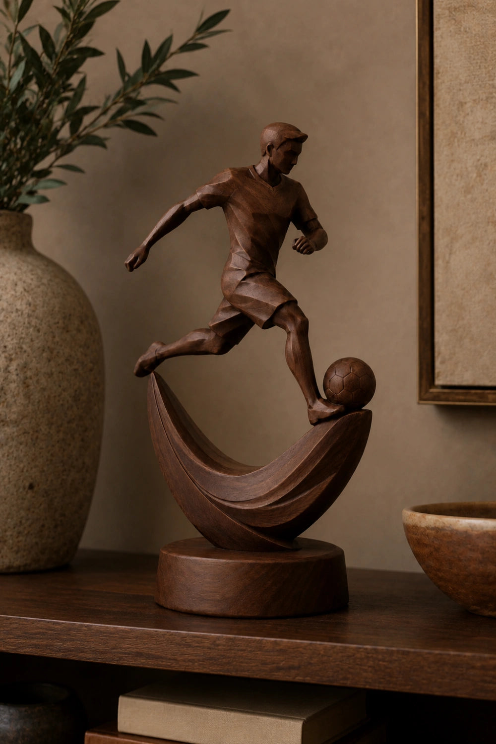 Geometric Wood Soccer Player Sculpture | Unique World Cup Souvenir