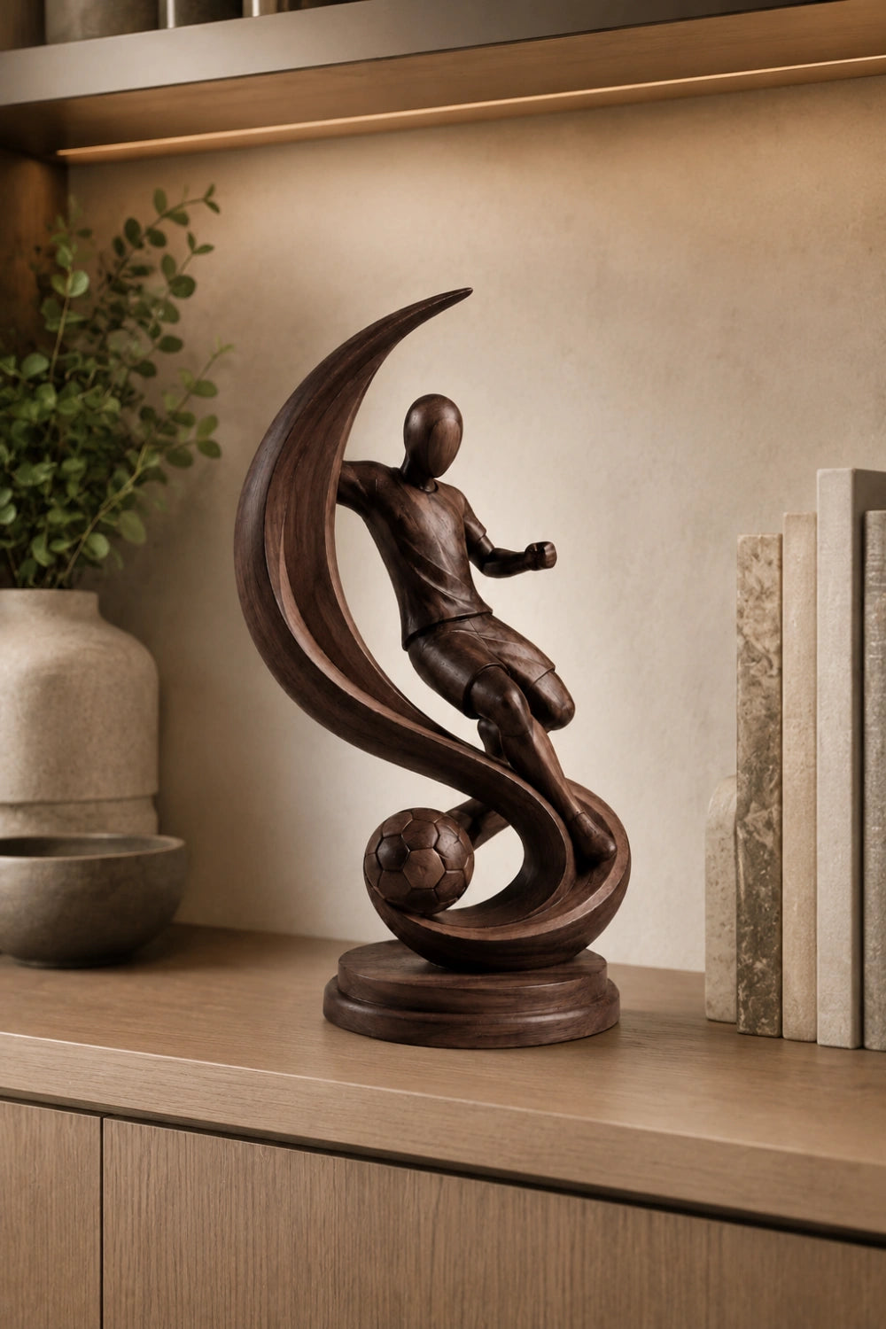 Kinetic Soccer Motion Wood Sculpture | Luxury World Cup Art Decor