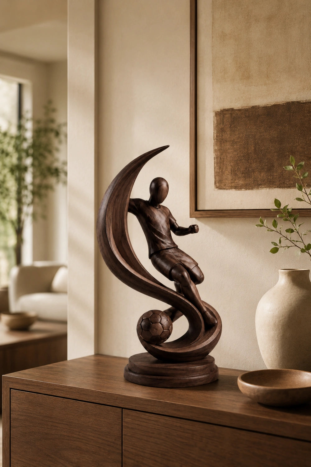 Kinetic Soccer Motion Wood Sculpture | Luxury World Cup Art Decor