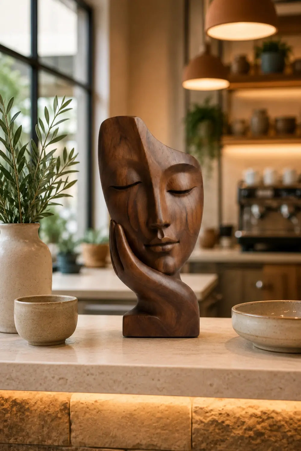 Abstract Face on Hand Wood Statue | Serene Meditation Room Decor