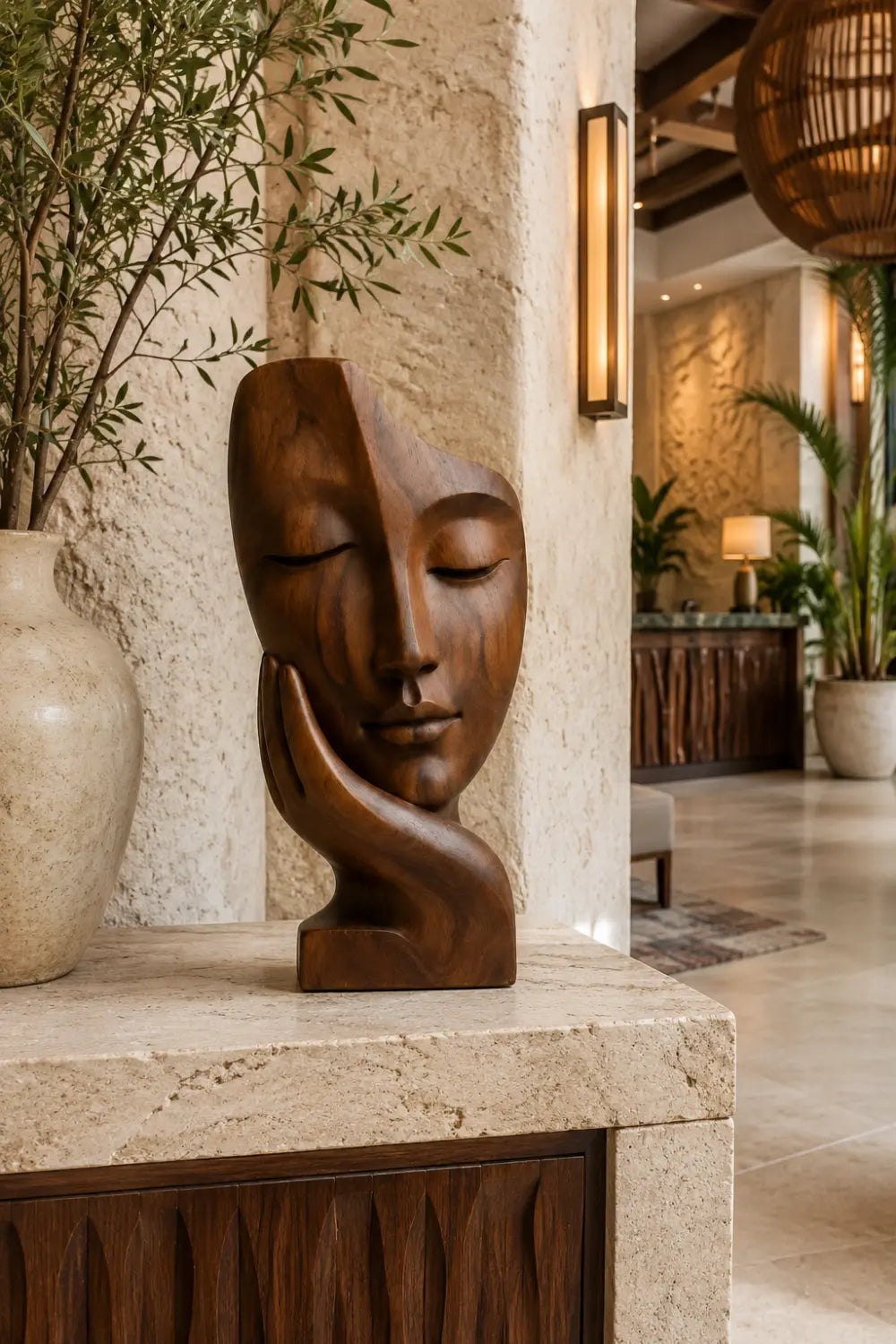 Abstract Face on Hand Wood Statue | Serene Meditation Room Decor