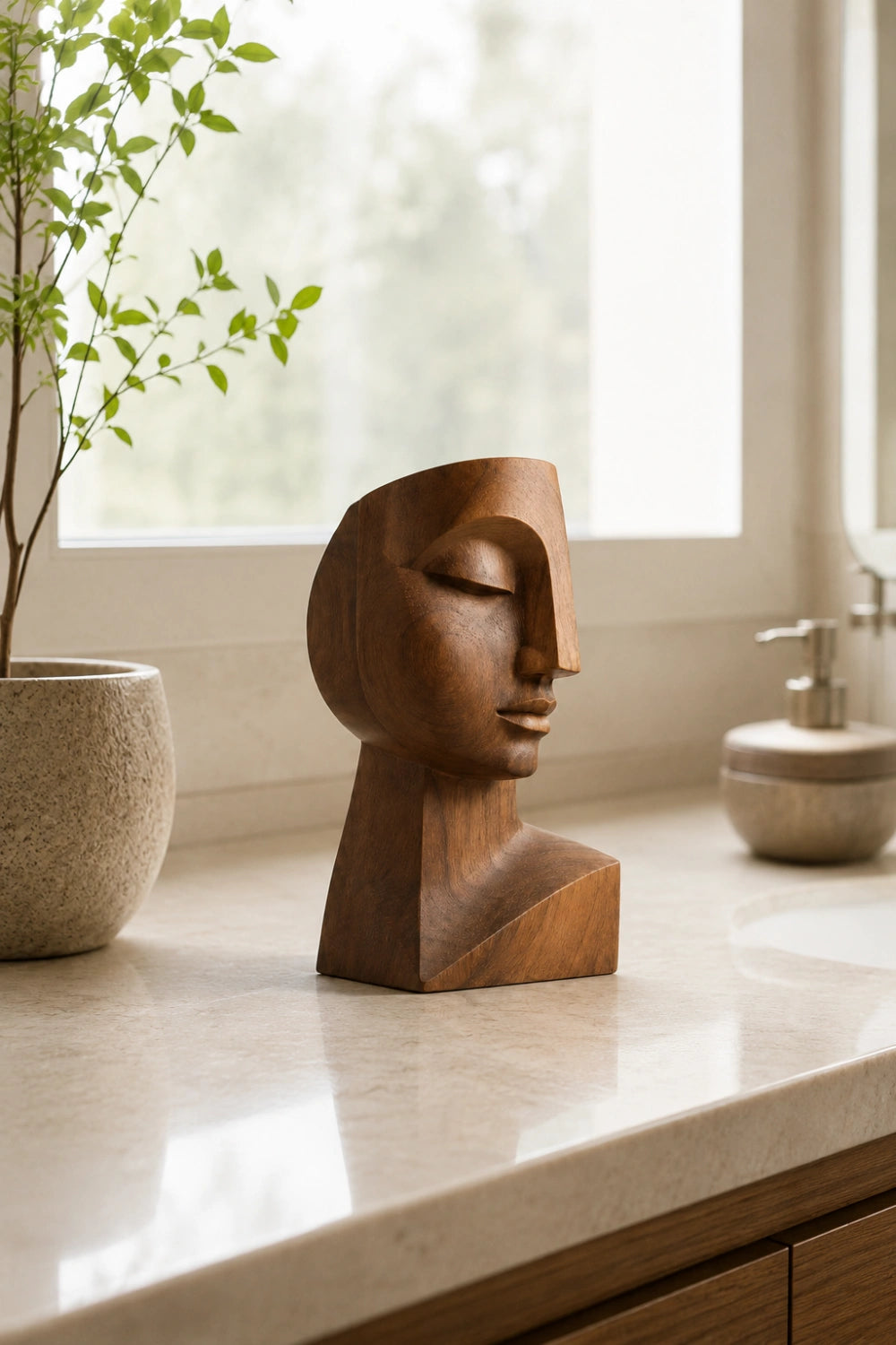 Cubist Wood Face Bust | Modernist Geometric Head Sculpture