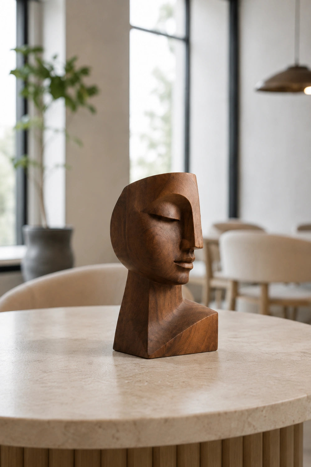 Cubist Wood Face Bust | Modernist Geometric Head Sculpture