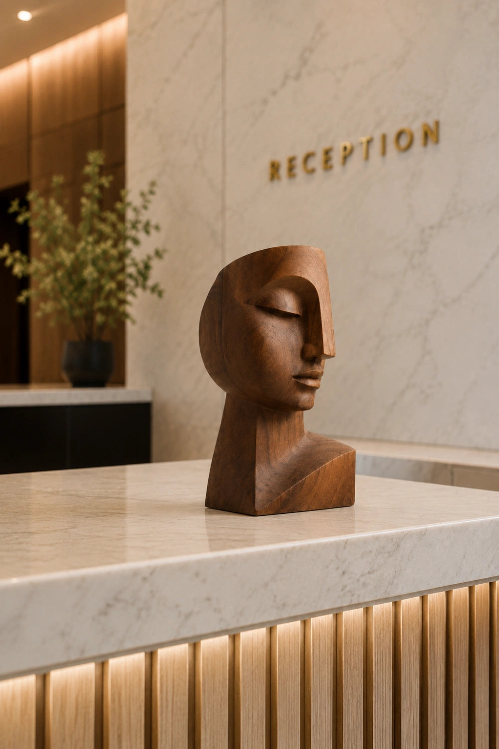 Cubist Wood Face Bust | Modernist Geometric Head Sculpture