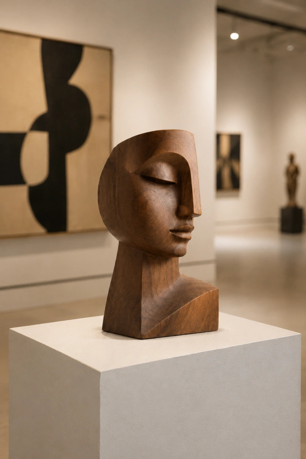 Cubist Wood Face Bust | Modernist Geometric Head Sculpture
