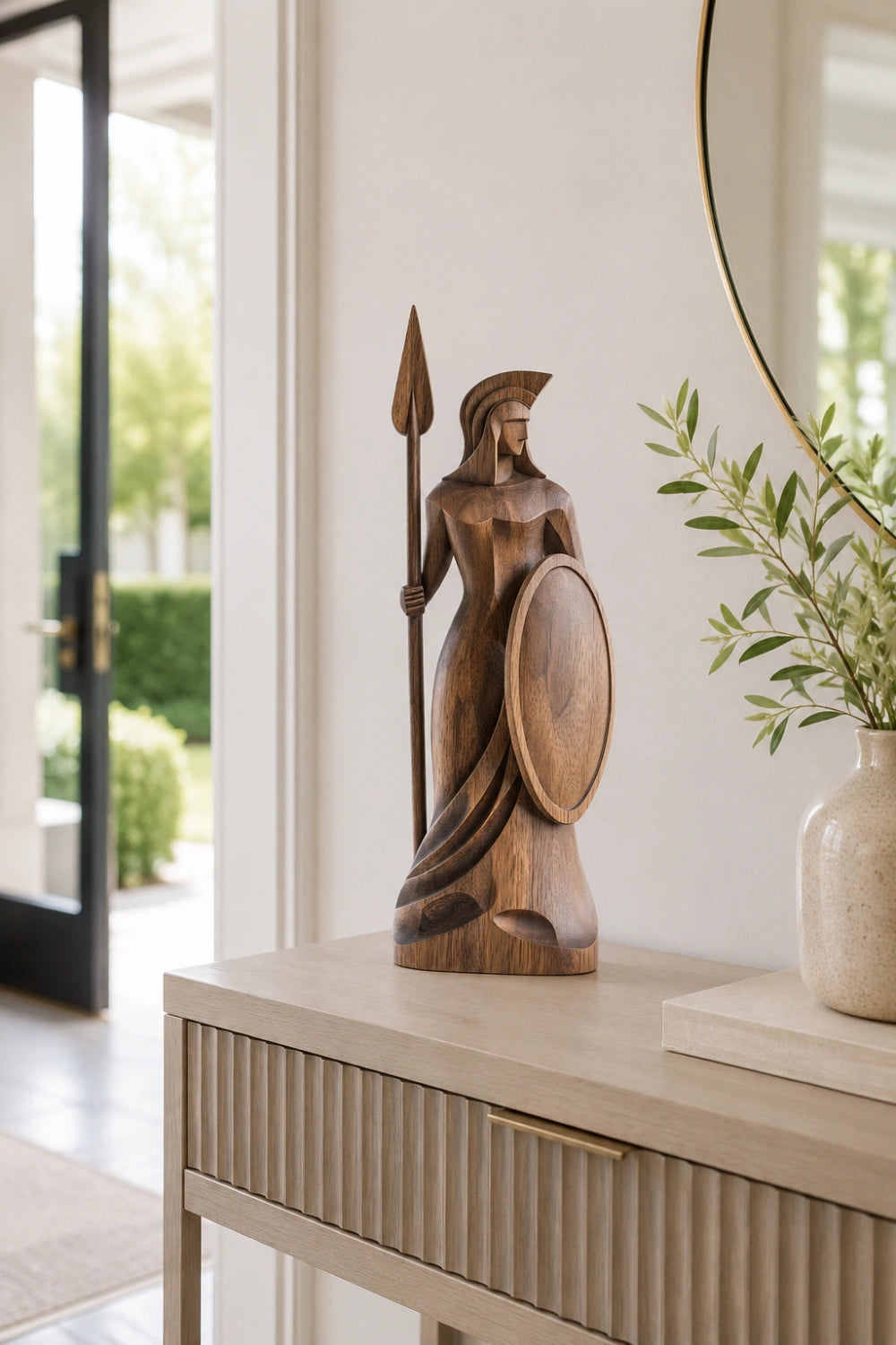 Classical Female Warrior Wood Statue | Heroic Antiquity Art Decor