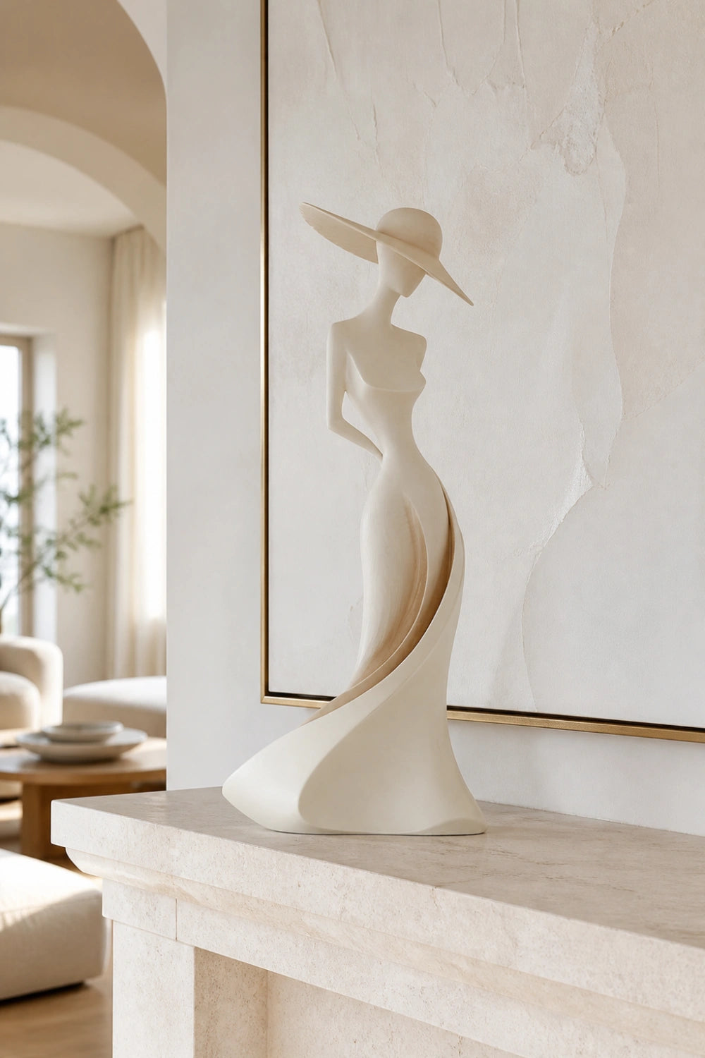 Carved Wood Woman Figurine | Elegant Lady Statue | Modern Dresser Decor