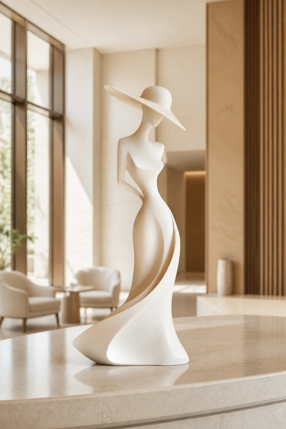 Carved Wood Woman Figurine | Elegant Lady Statue | Modern Dresser Decor