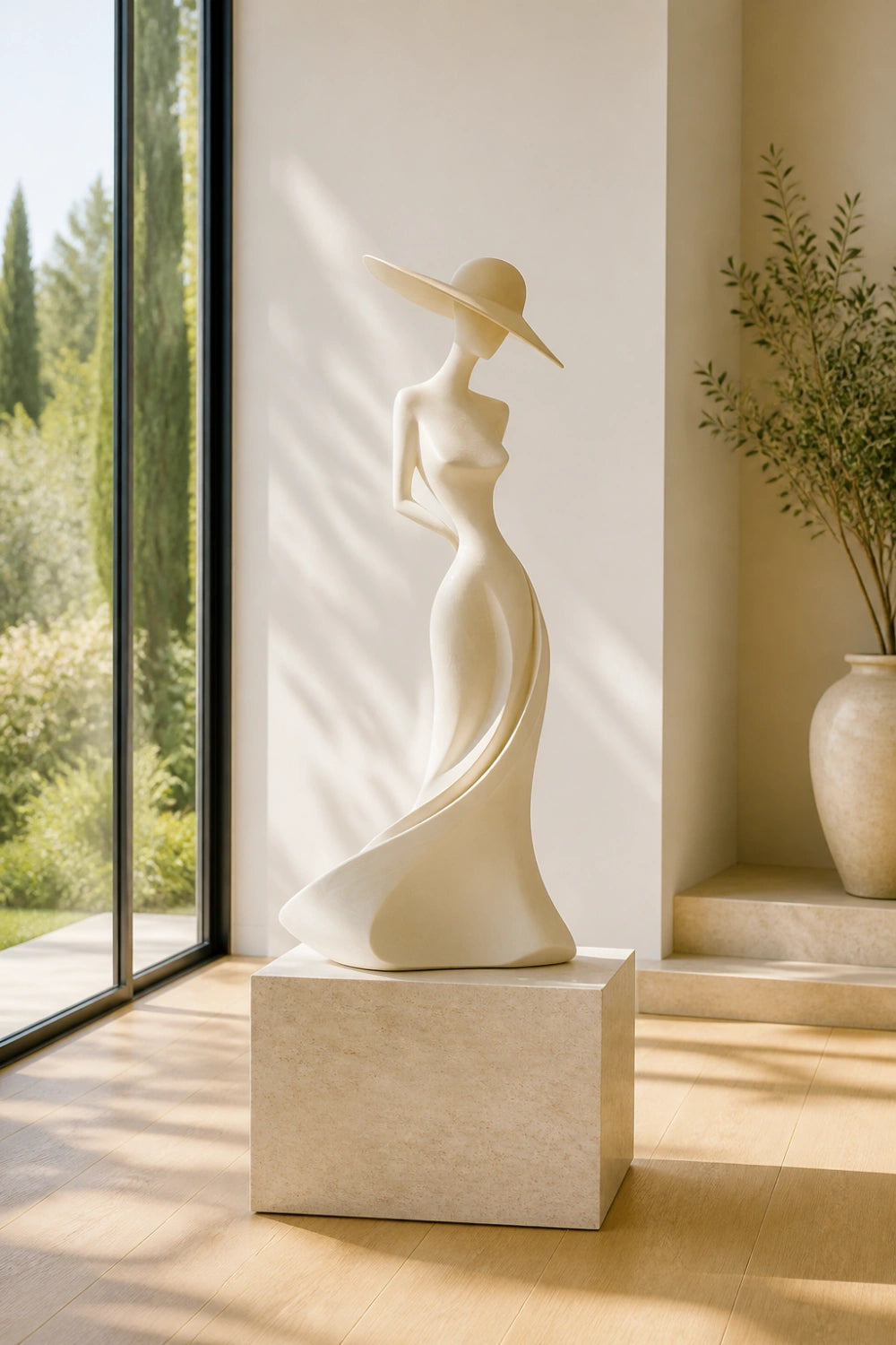 Carved Wood Woman Figurine | Elegant Lady Statue | Modern Dresser Decor