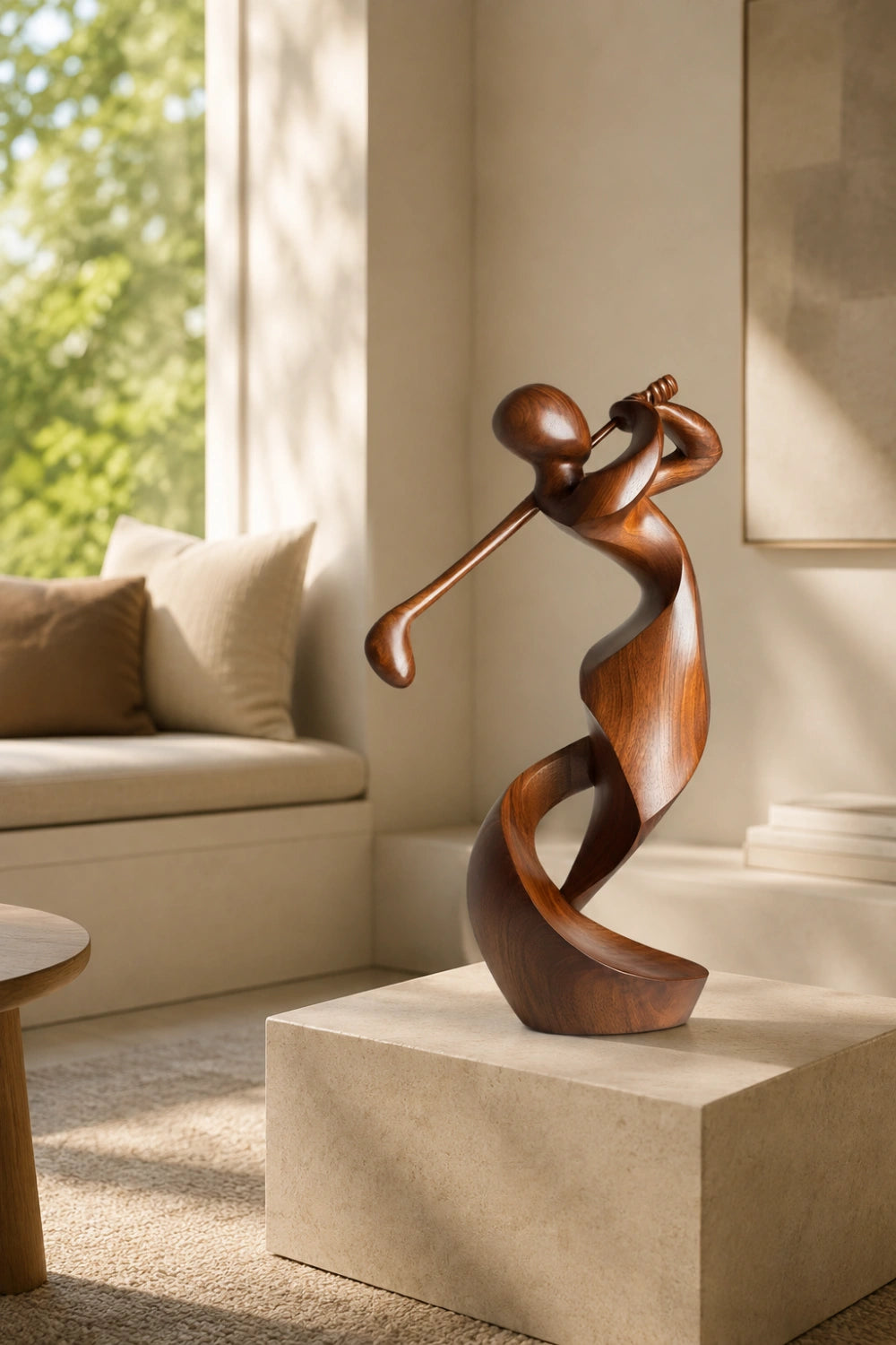 Carved Wood Golfer Sculpture | Abstract Golf Player Statue | Luxury Sports Decor