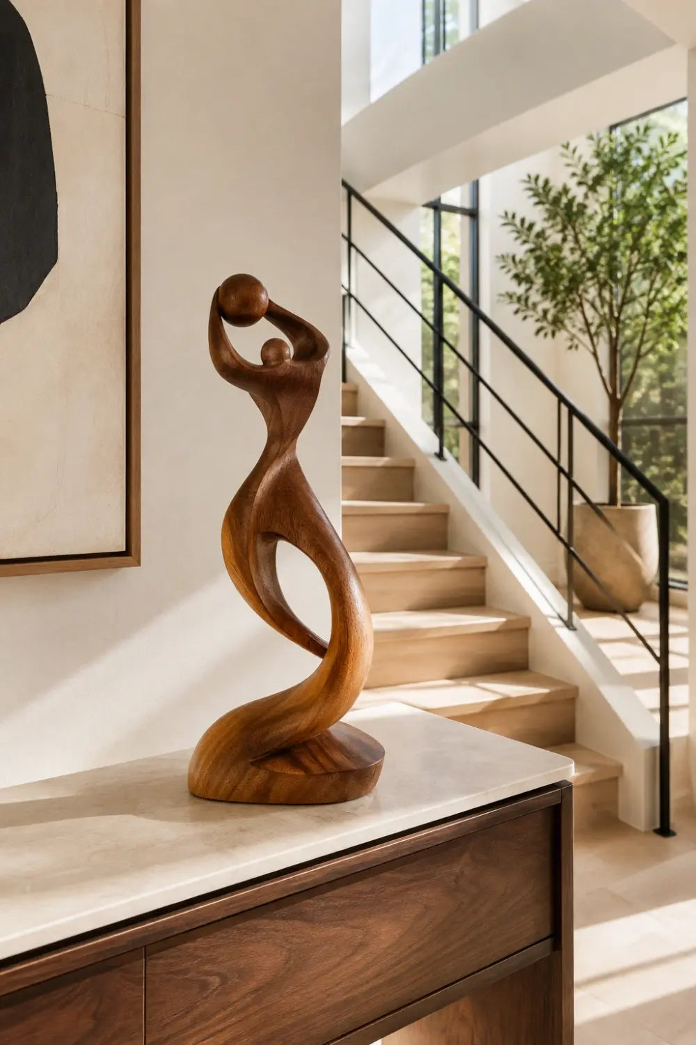 Arved Wood Basketball Sculpture | Abstract Athlete Statue | Modern Sports Decor