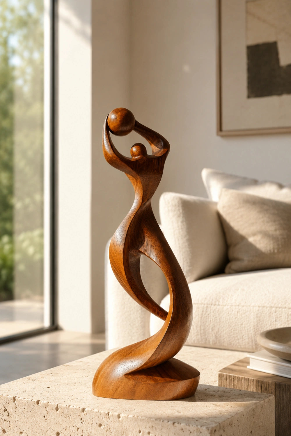 Arved Wood Basketball Sculpture | Abstract Athlete Statue | Modern Sports Decor
