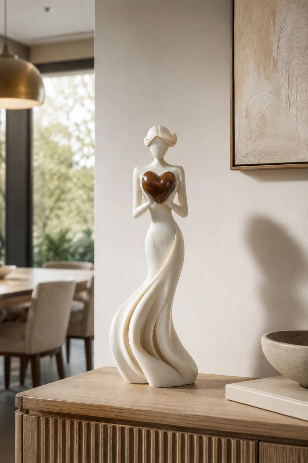 Woman Holding Heart Sculpture | Wooden Love Figurine