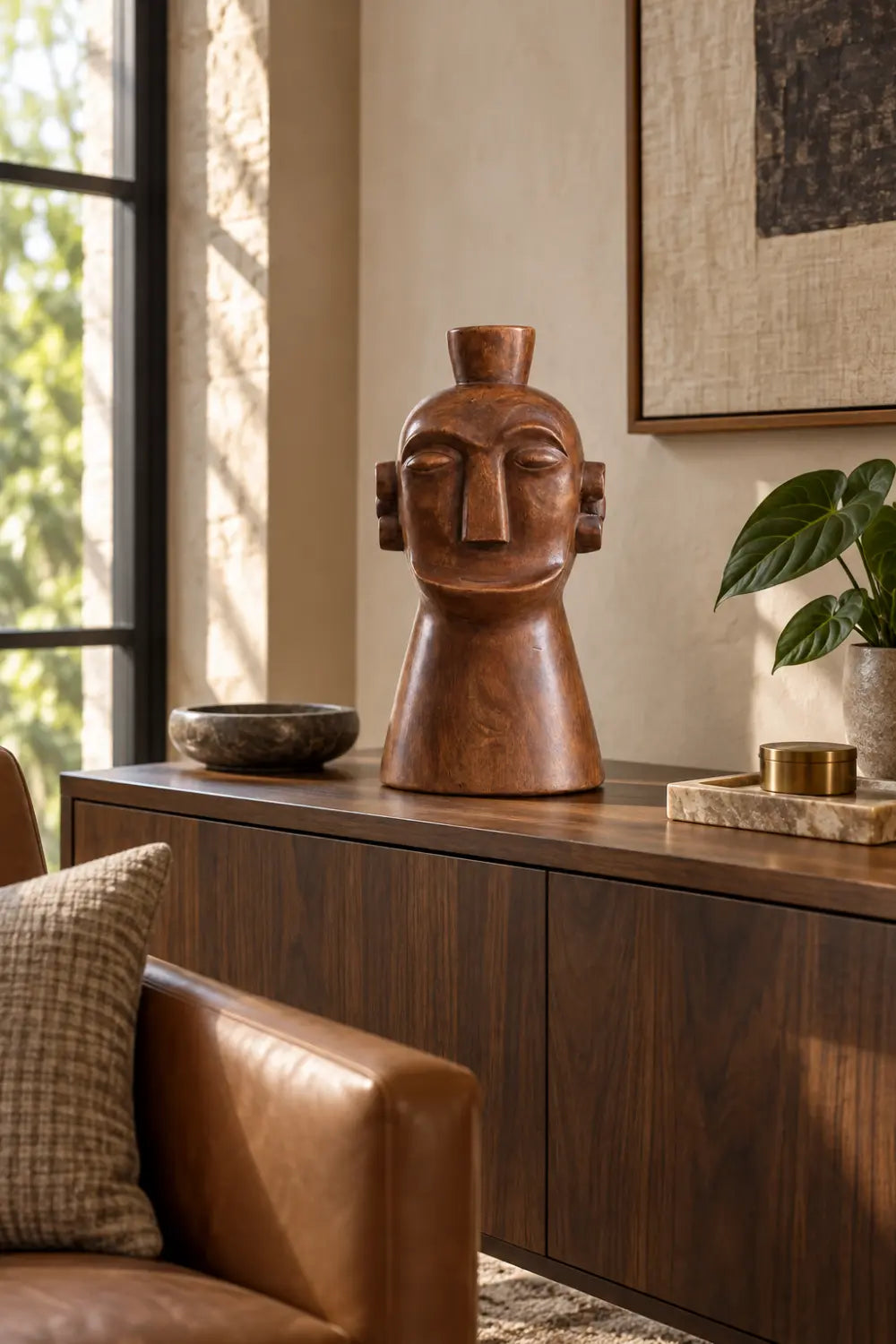 Handcrafted Wooden Tribal Head Bust Statue | Primitive Face Sculpture Decor