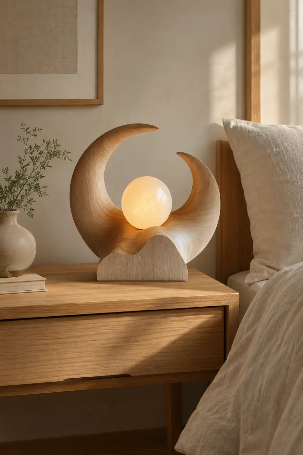 Abstract Crescent Wood Lamp | Serene Wabi-Sabi Decor Unique Gift