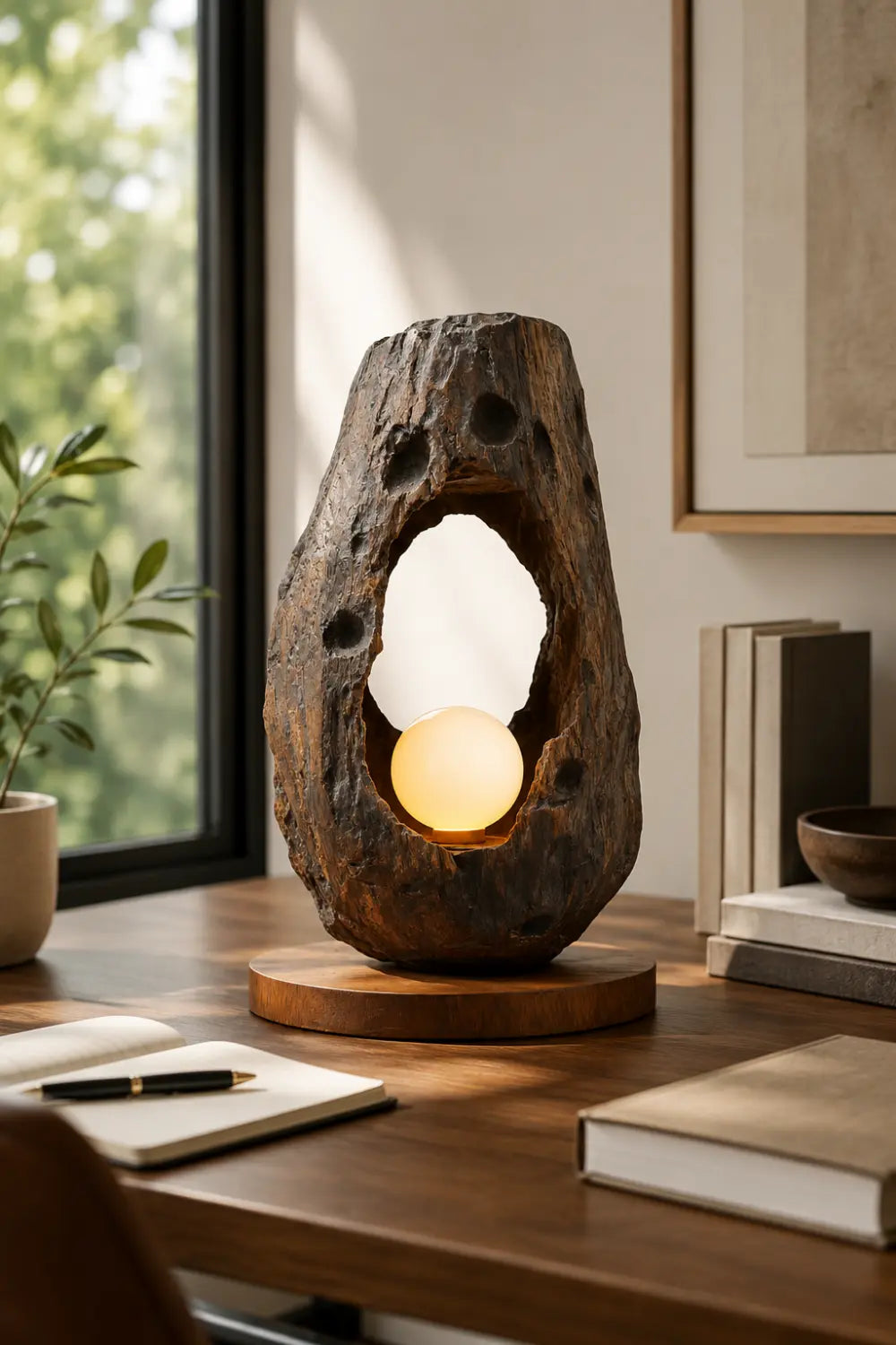 Primitive Hollowed Wood Orb Lamp | Wabi-Sabi Raw Art Decor Unique Gift Idea