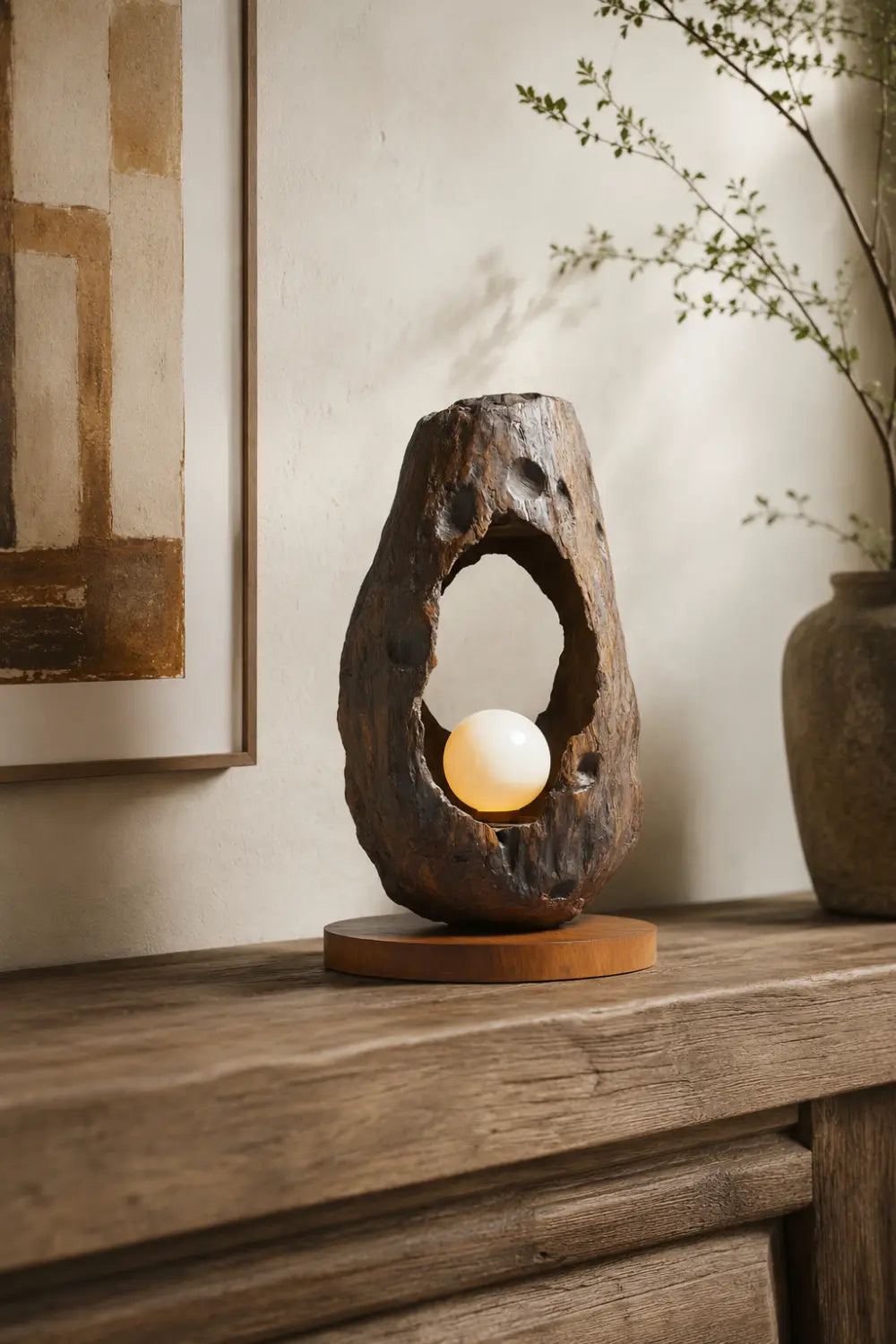 Primitive Hollowed Wood Orb Lamp | Wabi-Sabi Raw Art Decor Unique Gift Idea