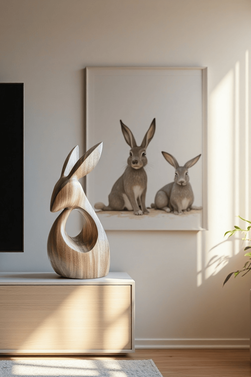 Abstract Wooden Animal Rabbit Sculpture Handcrafted Minimalist Decor