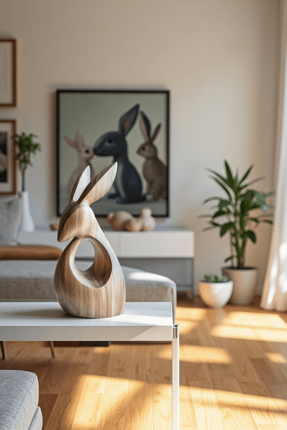 Abstract Wooden Animal Rabbit Sculpture Handcrafted Minimalist Decor
