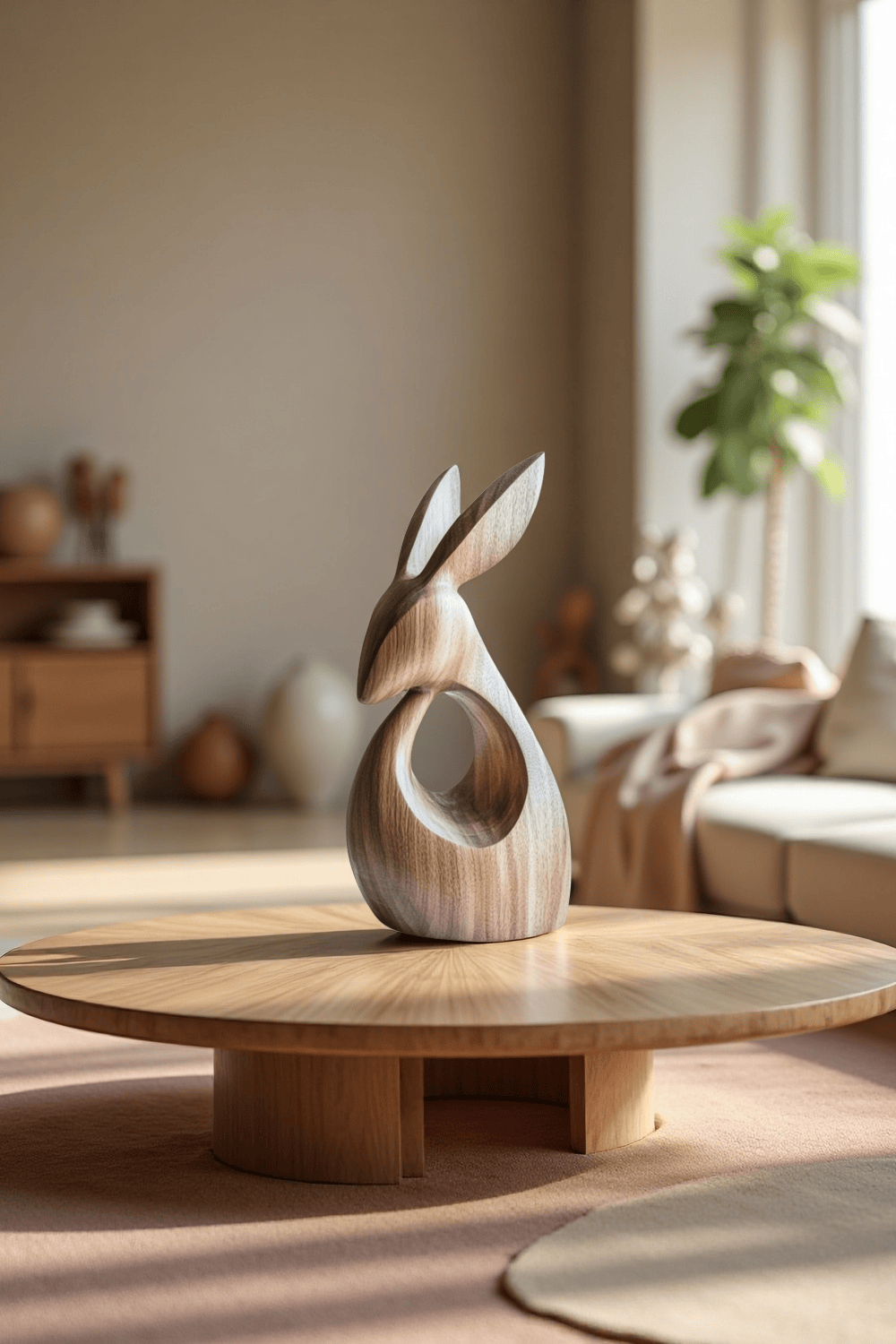 Abstract Wooden Animal Rabbit Sculpture Handcrafted Minimalist Decor