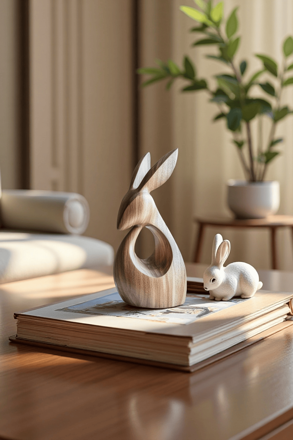 Abstract Wooden Animal Rabbit Sculpture Handcrafted Minimalist Decor