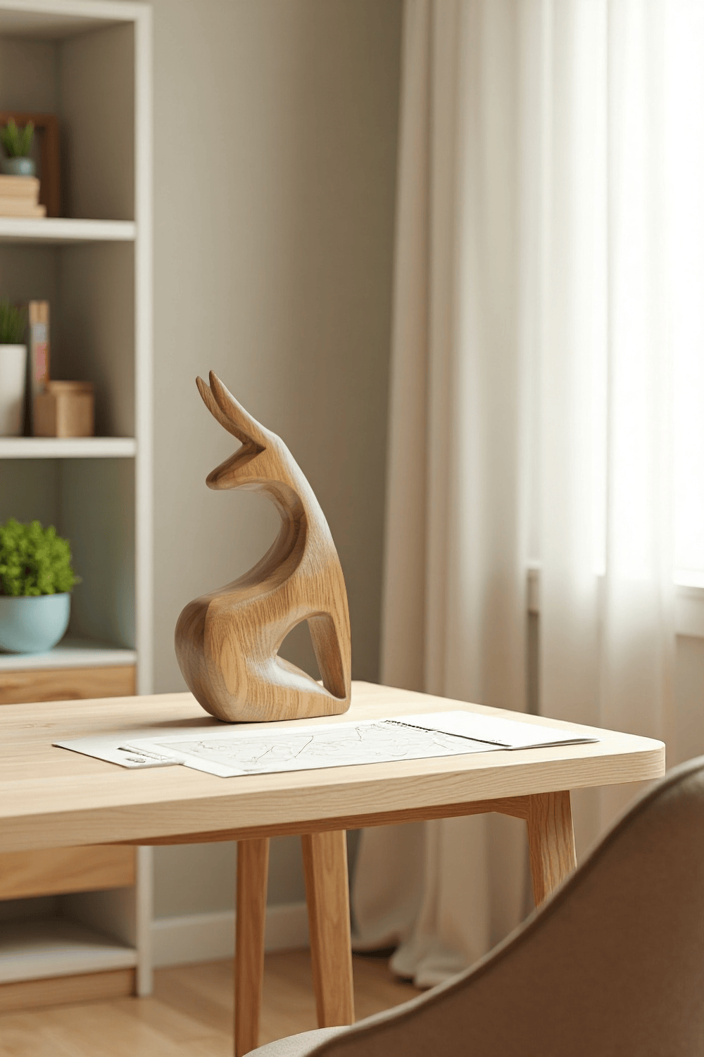 Abstract Wooden Animal Rabbit Sculpture Handcrafted Minimalist Decor