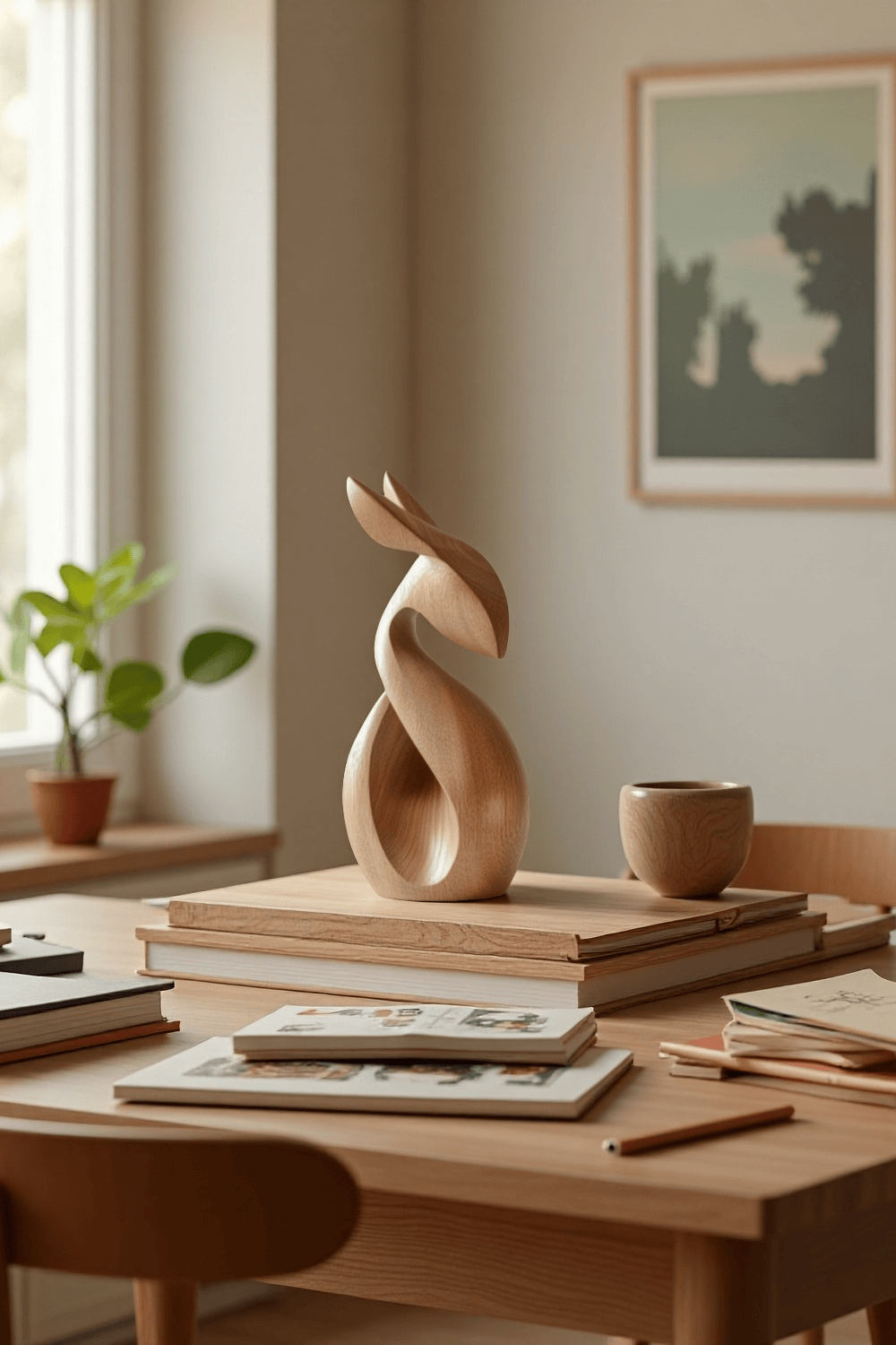 Abstract Wooden Animal Rabbit Sculpture Handcrafted Minimalist Decor