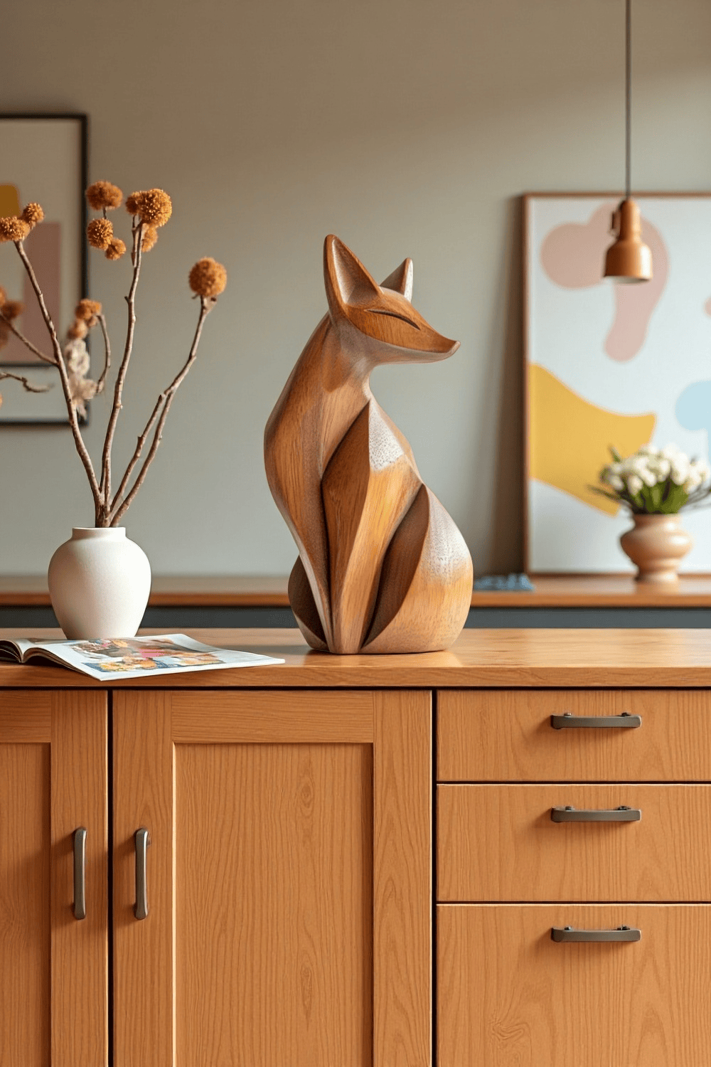 Abstract Wooden Fox Sculpture Handcrafted Animal Art for Modern Homes