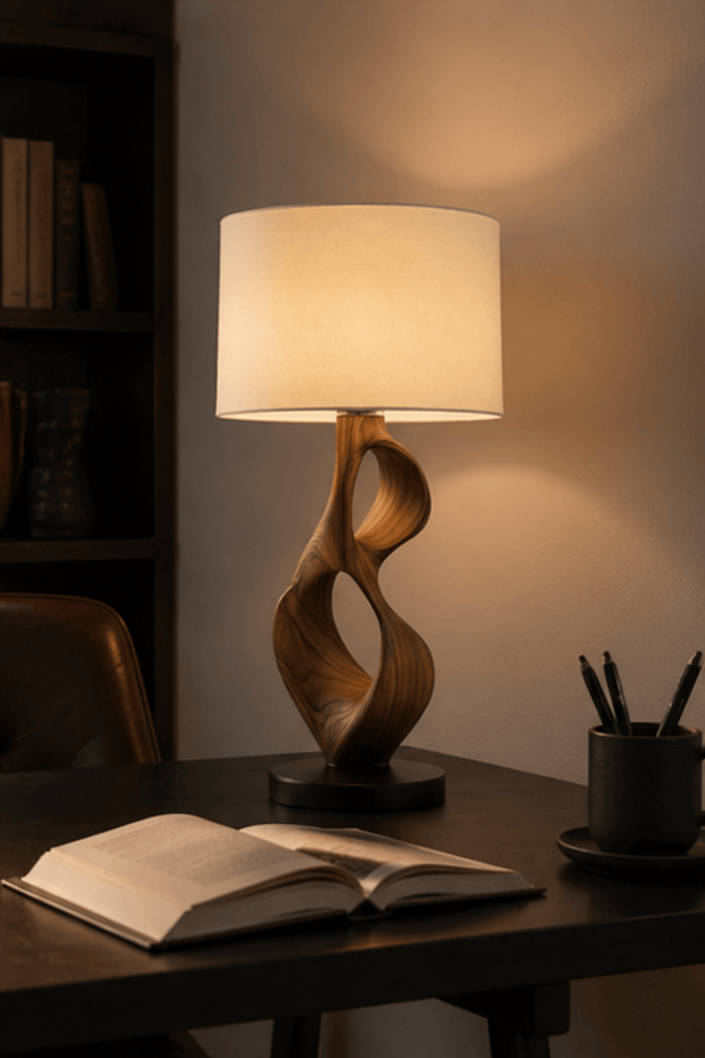 Modern Wooden Table Lamp Handcrafted Sculptural Bedside Light for Home Decor