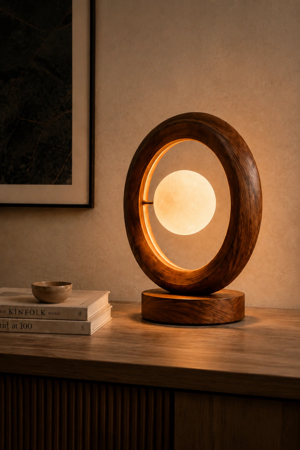 Modern Minimalist Circular Wood Table Lamp Aesthetic Floating Globe Desk Light