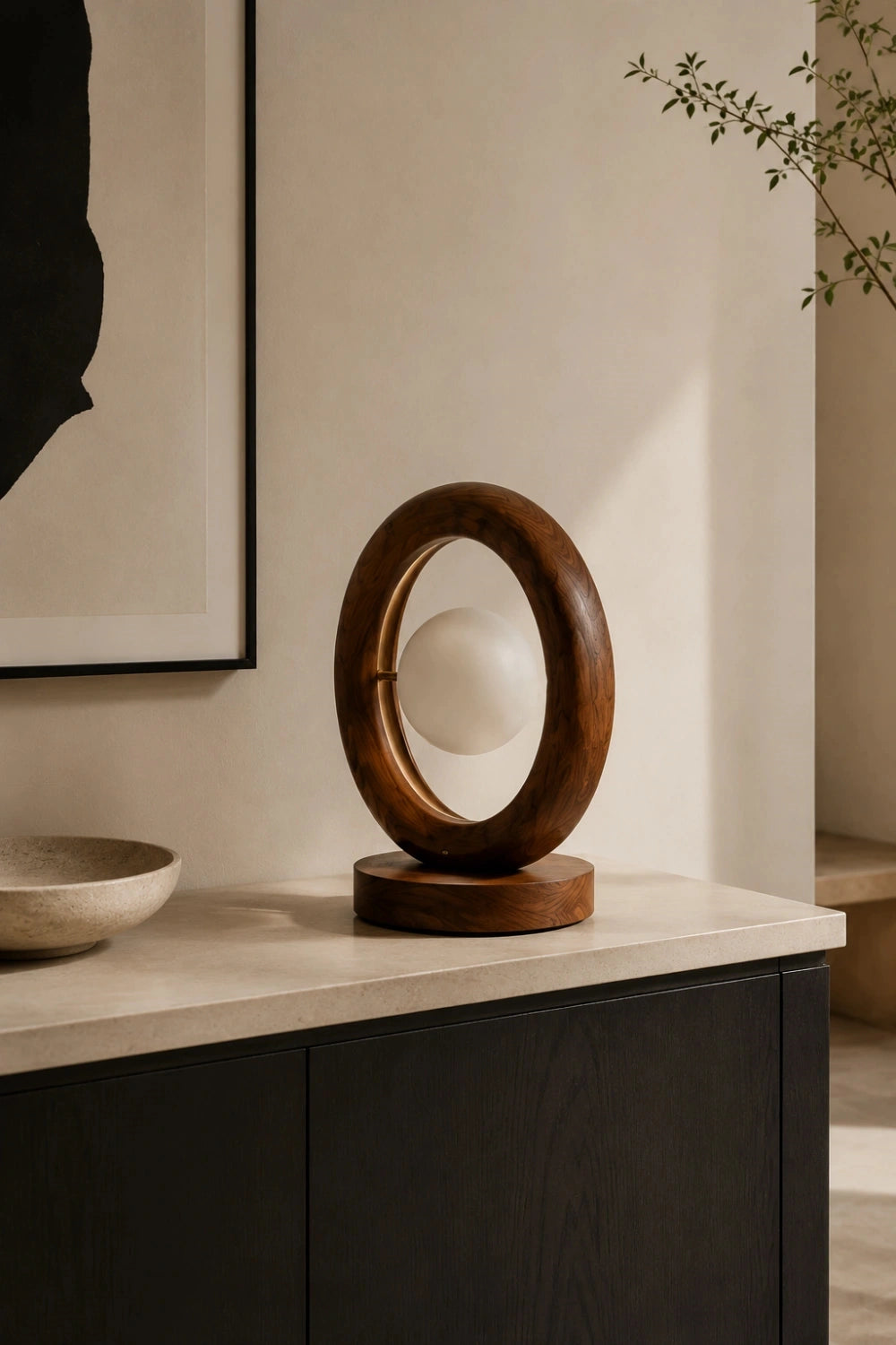 Modern Minimalist Circular Wood Table Lamp Aesthetic Floating Globe Desk Light