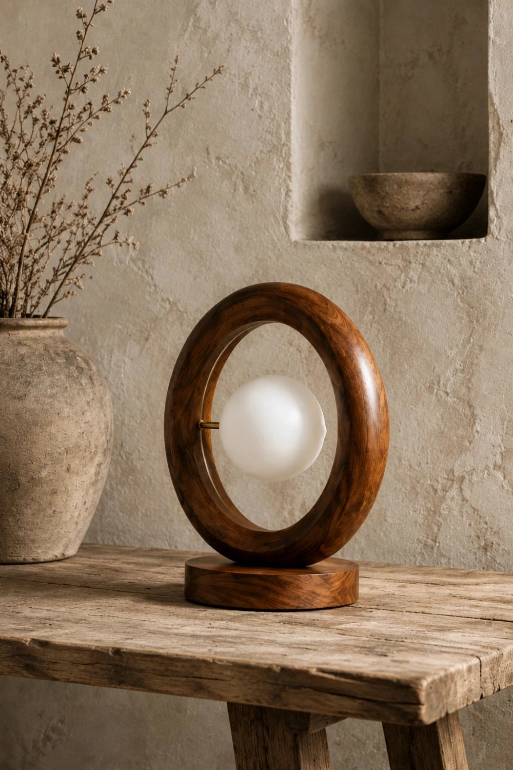 Modern Minimalist Circular Wood Table Lamp Aesthetic Floating Globe Desk Light