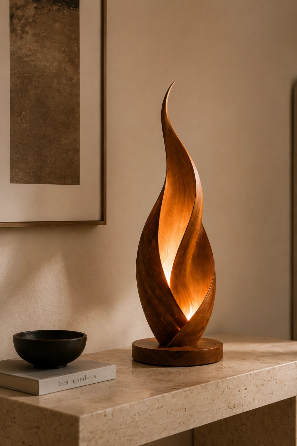Modern Flame Spiral Wood Table Lamp | Unique Twisted Handcrafted Mood Light