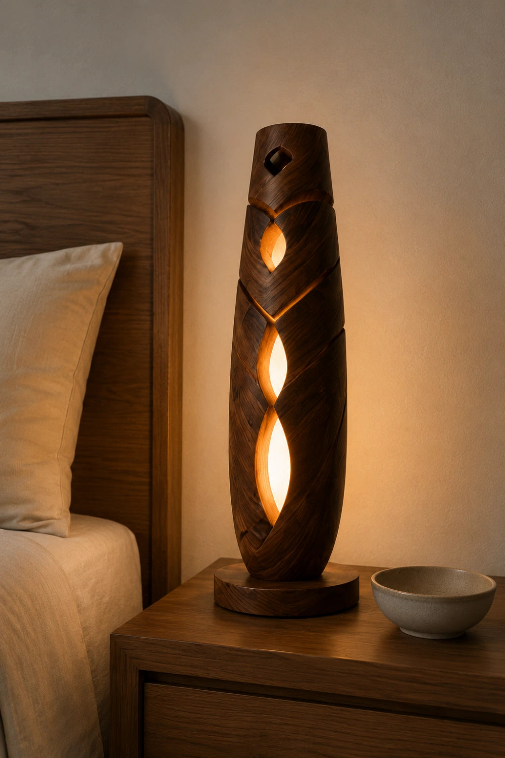 Tall Lattice Wood Sculpture Lamp | Handcrafted Vertical Ambient Light Decor