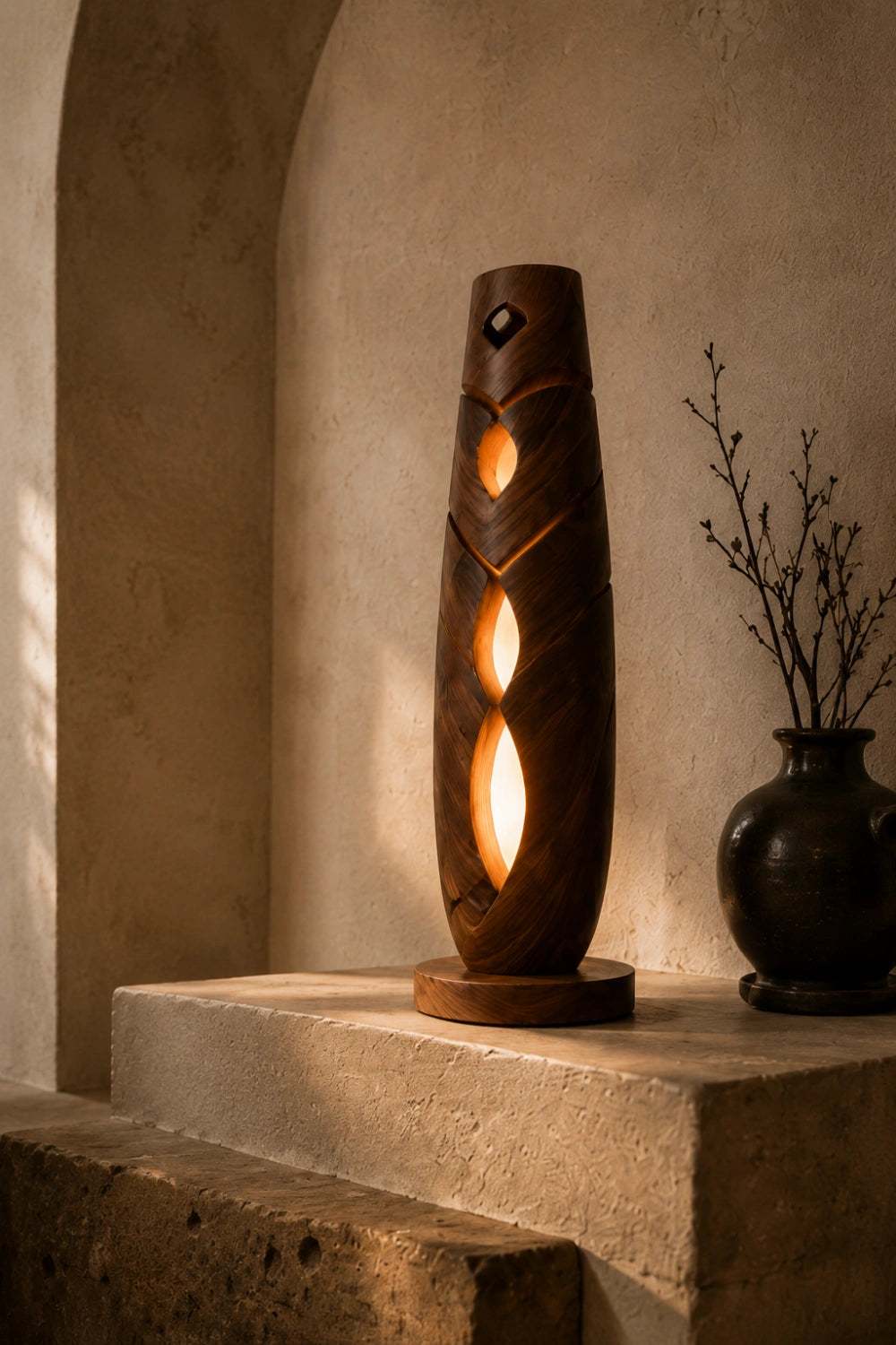 Tall Lattice Wood Sculpture Lamp | Handcrafted Vertical Ambient Light Decor